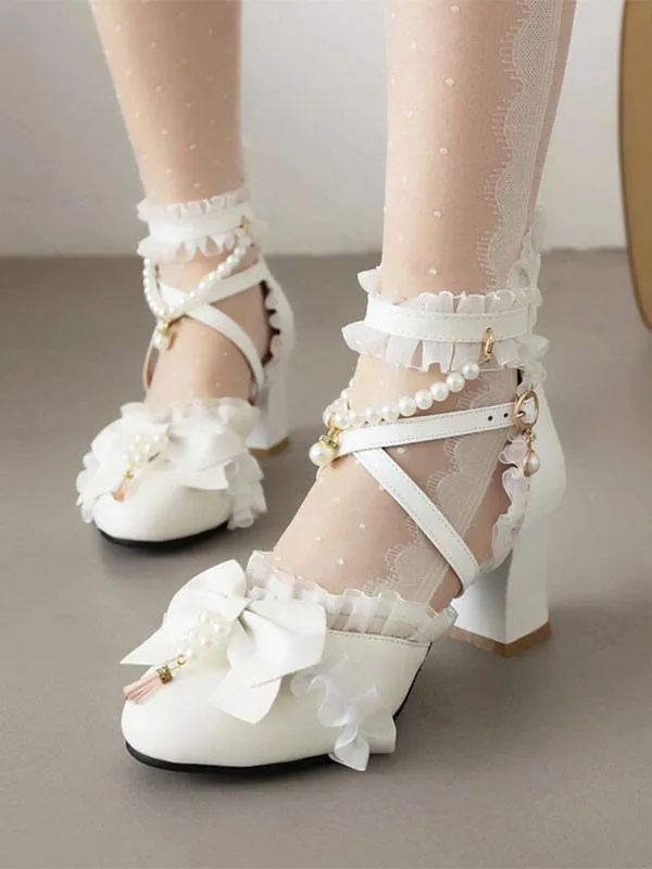 Sweet Lolita Sandals Bows Pearls Ruffles Round Toe PU Leather White Lolita Summer Shoes